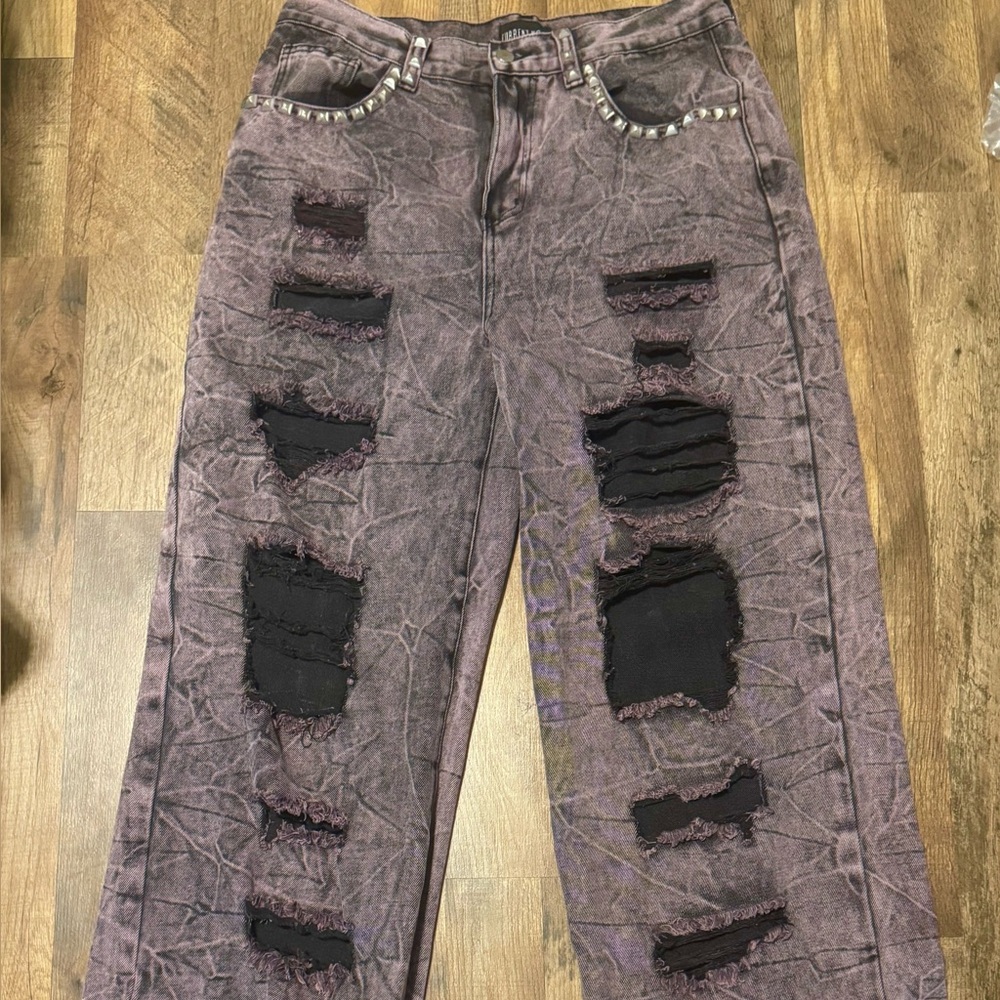 Current Mood Purple Distressed Studded Baggy Jeans Sz Large Y2K Style